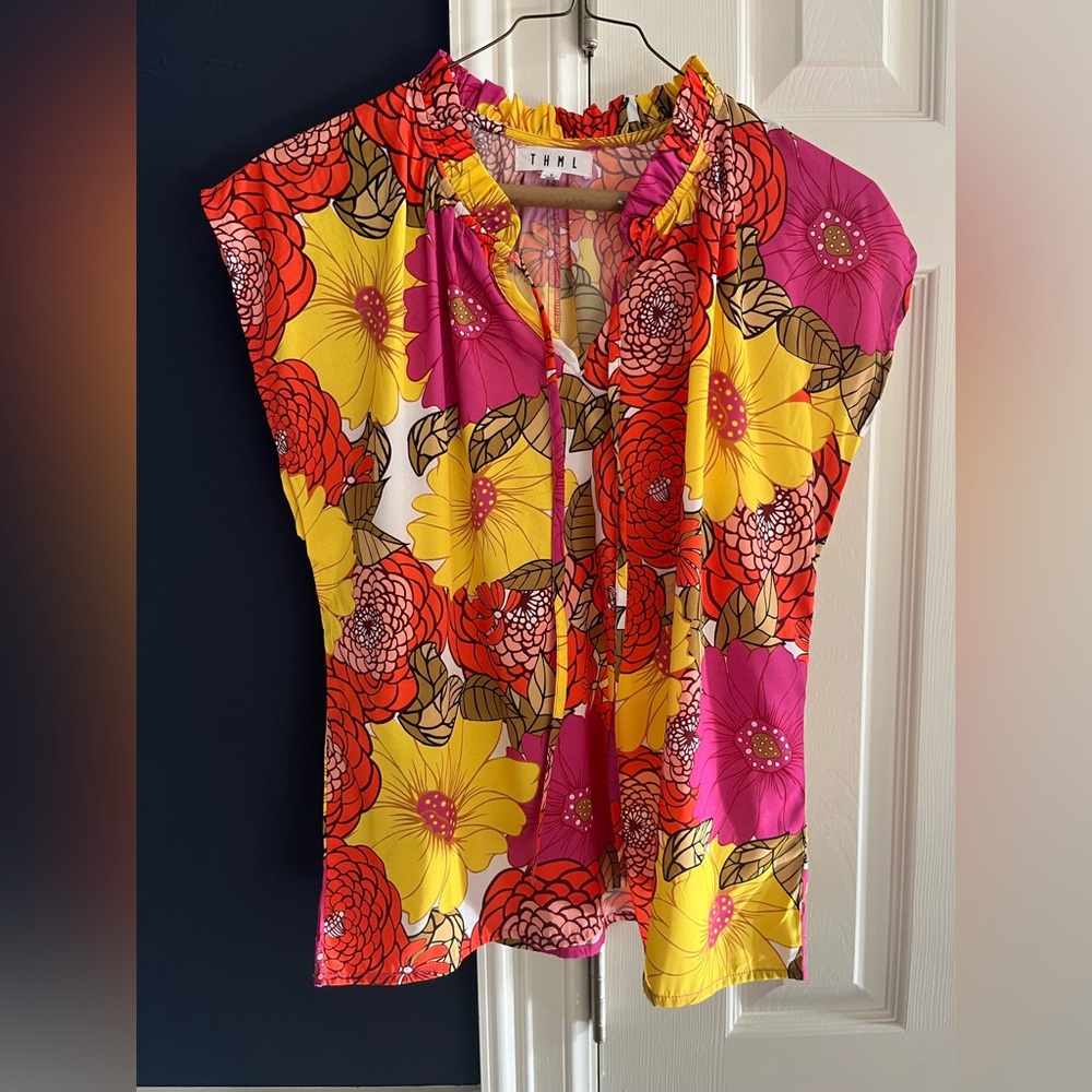 THML Bright Floral Tie-Neck Blouse in Yellow, Pink & Red